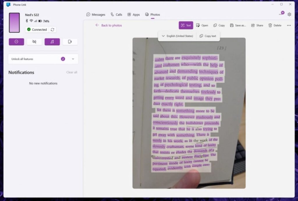 طرح ميزة استخراج النصوص من الصور في Phone Link عالميًا
